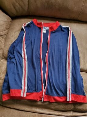 Men's Navy Zip-Up Sweater with Red Trim and Stripe Detail